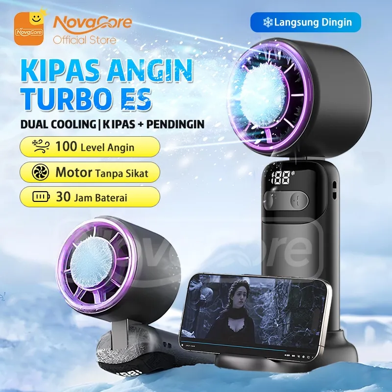 NovaCore Kipas Angin Turbo Pendingin AC Mini Portabel 100 Level Kecepatan Dingin Jarak Jauh 20M 30 Jam Baterai Fast Charging Hening & Ringan Kipas Multifungsi dengan Dudukan HP