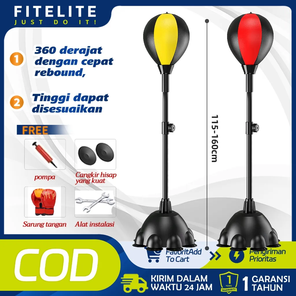 Speed Ball Standing Boxing Dewasa Tinggi 115-160cm  /Gratis Pompa Sarung Tangan Cangkir/ Hisap Kuat 8 Pengisap Besar Praktis / Anti-Rusak PVC Hybrid 3 Lapis