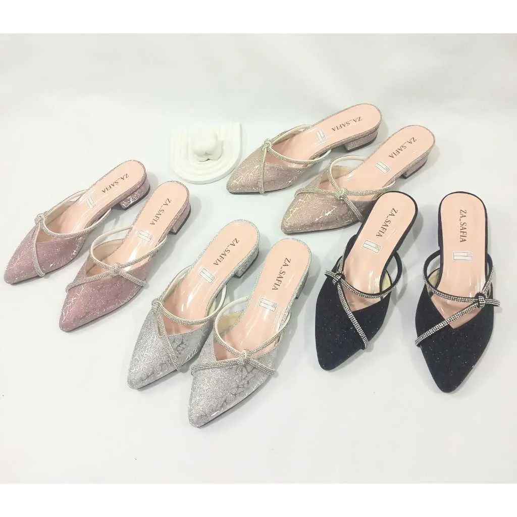 ZASAFIA TS01 Sepatu Hak Pesta Wanita Glitter Mules Korea Elegan 3cm