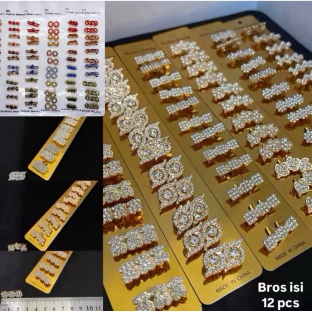 KTS-ISI 12 Pcs / 1 Lusin Bros dagu hijab/Bros hijab elegan/Bross tanpa ring/Bros hijab motif elegan warna PUTIH & GOLD harga/lusin