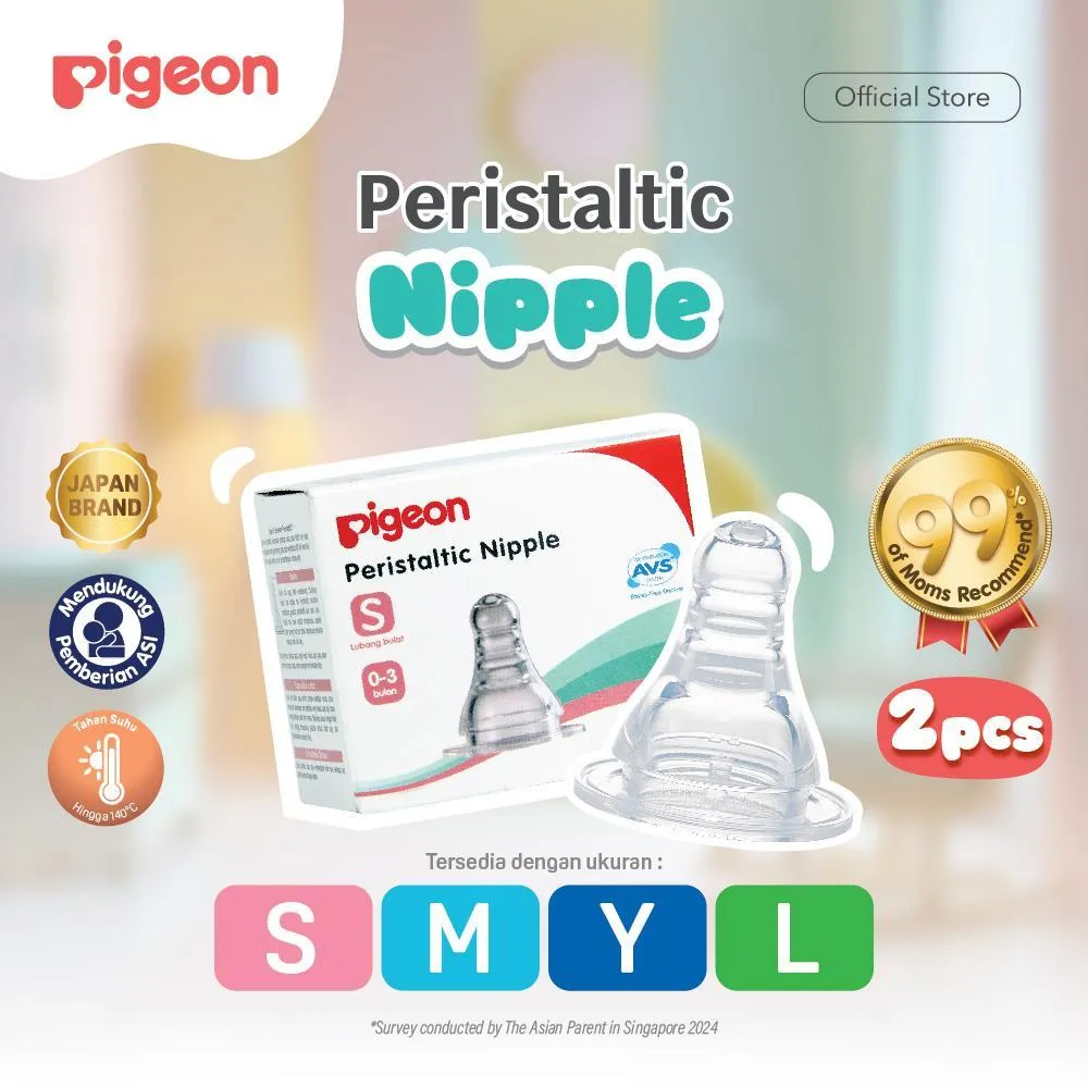 PIGEON Peristaltic S-Type Nipple - 2pcs Box Original Asli | Pilih Size | Nipple Slim Neck | Elastis | Anti Kolik | Anti Kembung | Tidak Bingung Puting