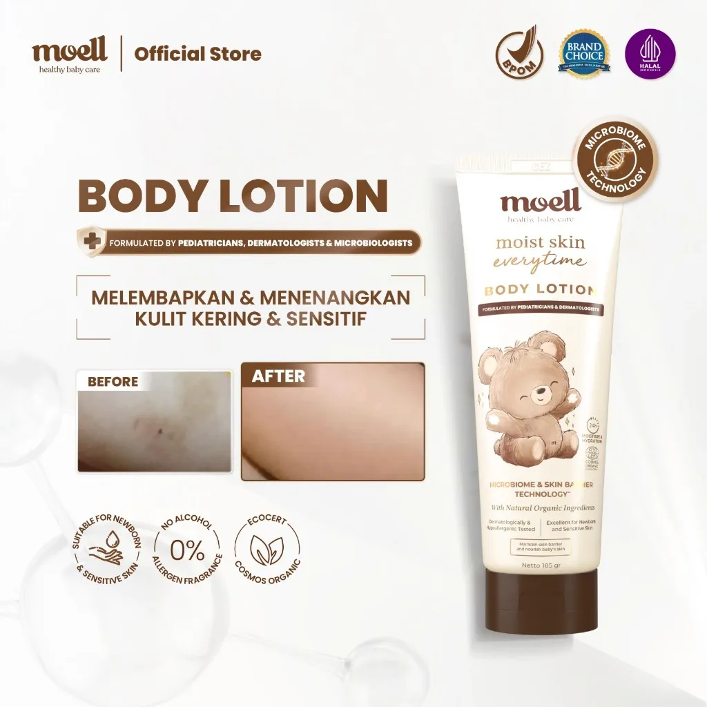 Moell Body Lotion Bayi 185gr - Body Lotion Untuk Kulit Sensitif & Kering - Pelembap Bayi Anak Daily Use - Sensitif, Kering, Ruam (Eksim) - Skincare Bayi - Skincare Anak