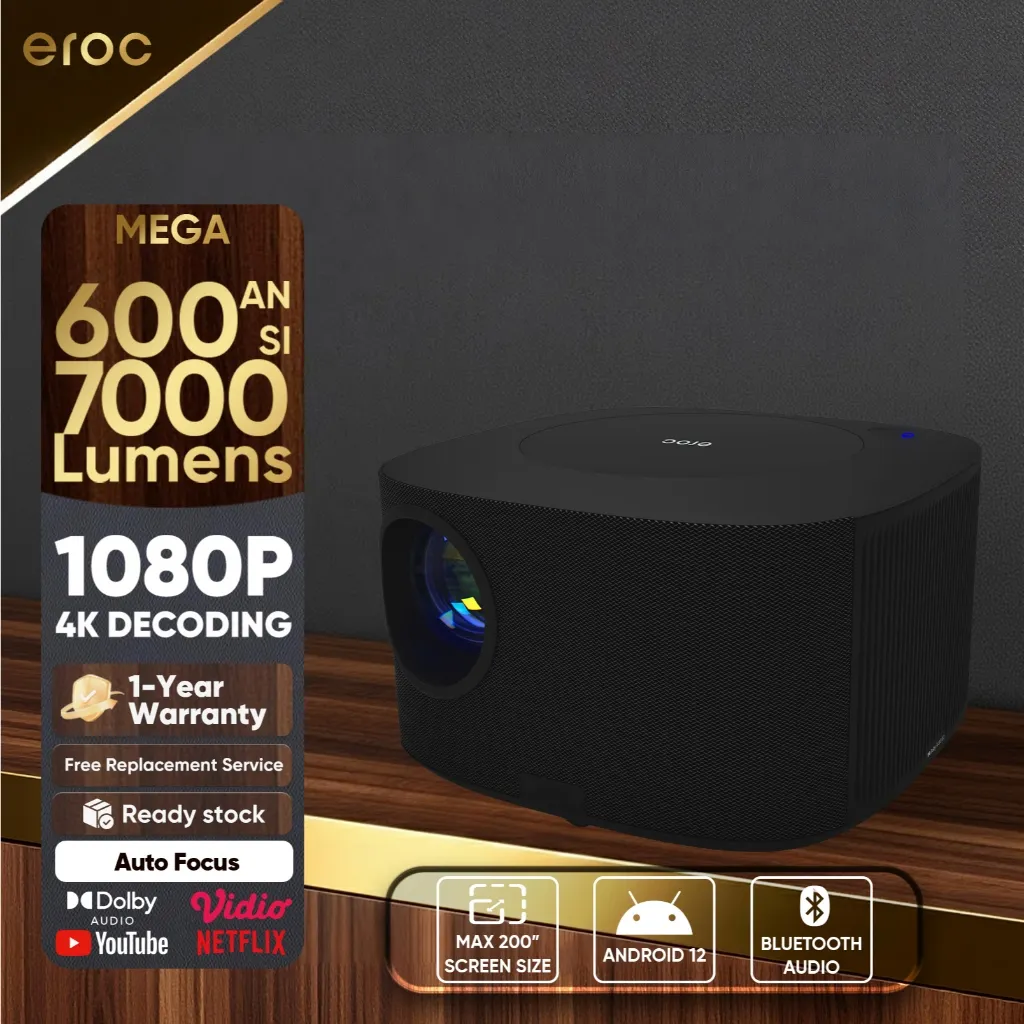 EROC Smart Proyektor LCD 600 ANSI Full HD Android 12 Dolby Audio Display 200 Inch Auto Focus - MEGA