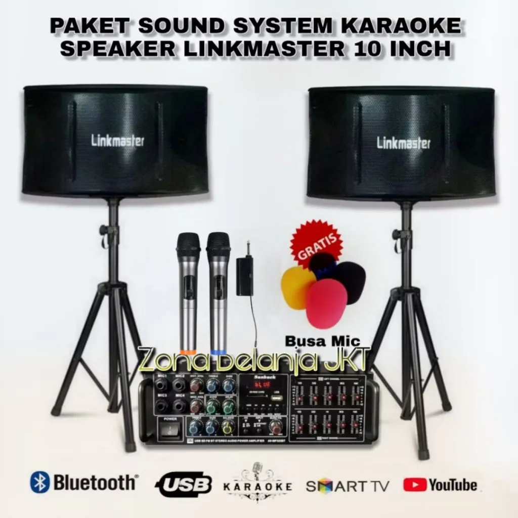 PAKET KARAOKE SOUND SYSTEM LINKMASTER SPEAKER 10 INCH AMPLI USB BLUETOOTH MIC WIRELESS KARAOKE RUMAHAN SIAP PAKAI (LW-1)
