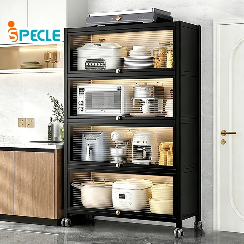 iSPECLE Rak Dapur Tertutup Lemari Dapur Dengan Pintu Rak Penyimpanan Microwave Oven Rak Multi-Lapisan Lemari Piring Lantai Berdiri Rak Dengan Roda