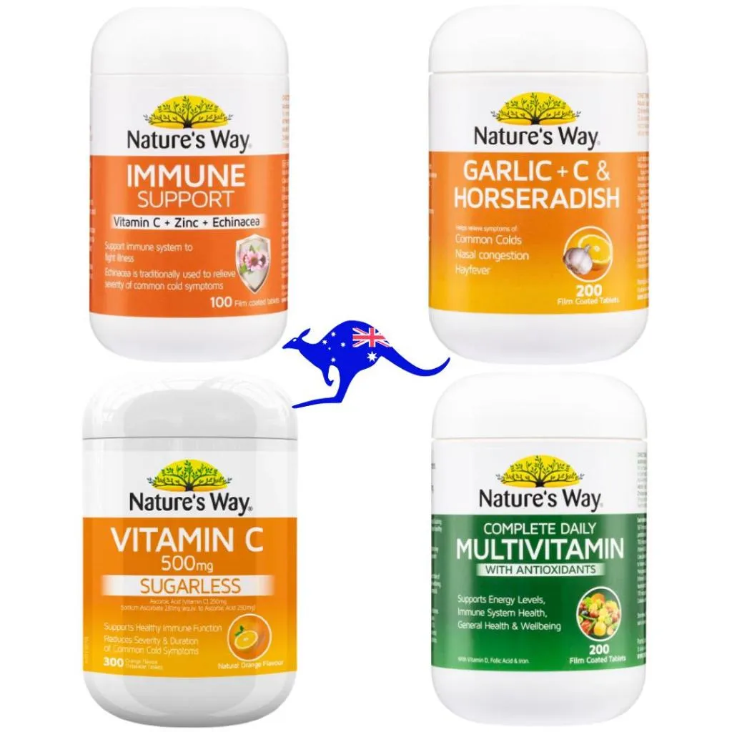 Nature's Way Vitamin C 500mg 500 mg 300 Tablets Nature s / Natures Way Immune Support 100 Tablet with Vit C Zinc Echinacea / Garlic + C & Horseradish 200 Tab / Daily Complete Multivitamin with Antioxidants / Lung Health Support 90 / Zinc+ Plus 60