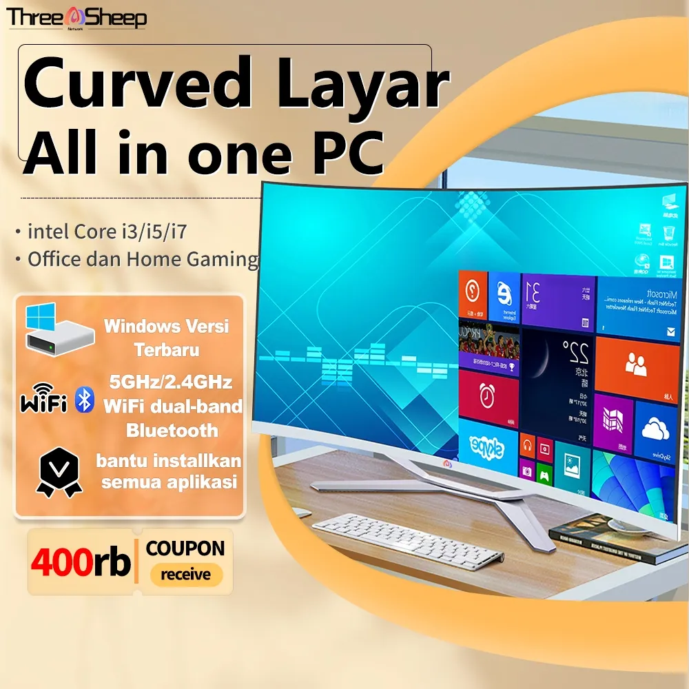 TSN Curved All in one PC Komputer gaming Baru, Core Intel i5/i3 RAM 8G/16G/32G+SSD256G/512G+Layar Full HD 19/22/24 Inch Desktop Monitor PC 99%SRGB - Computer wifi/bluetooth Windows10/11 Pro Gratis Keyboard dan Mouse Dapat dipilih