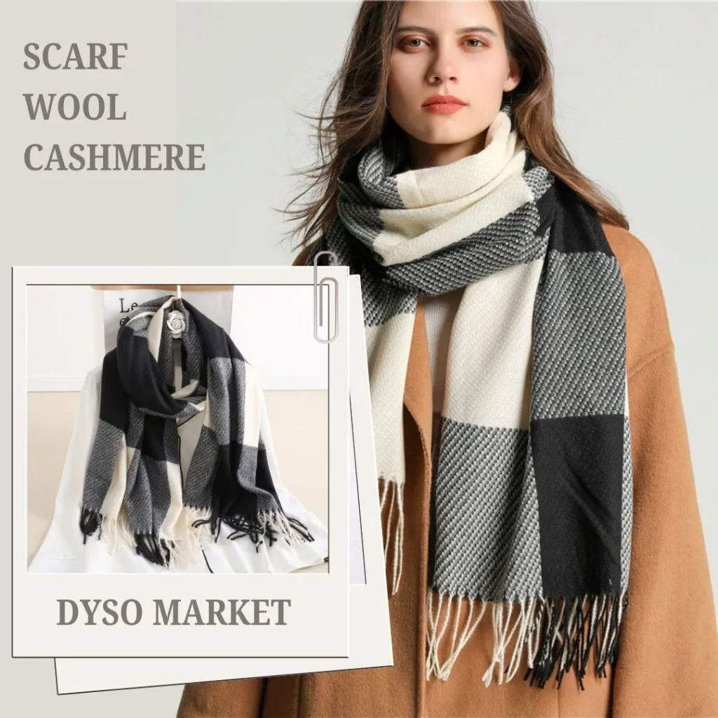 Syal Korea Cashmere Wool Motif Kotak-Kotak Unisex Fashion Winter Musim Dingin Bahan Tebal dan Lembut
