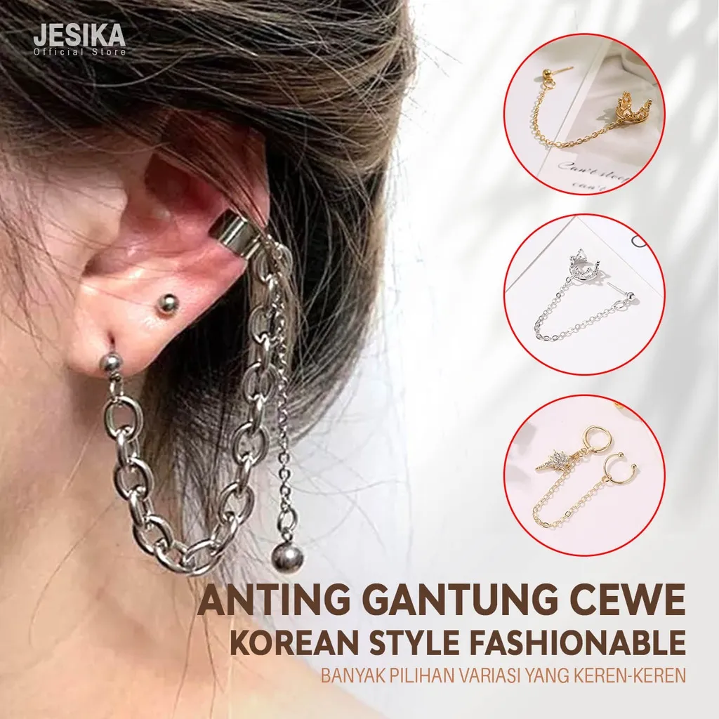 Anting korea wanita panjang model tusuk tindik ring rantai gantung rumbai earring untuk cewek gaul edgy motif kupu mahkota daun warna emas silver import
