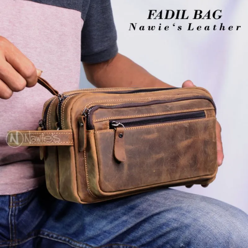 [NAWIES LEATHER] Tas Tangan Clutch Pouch Handbag Pria Nawies Kulit Asli ada Tali Panjang Fadil Bag