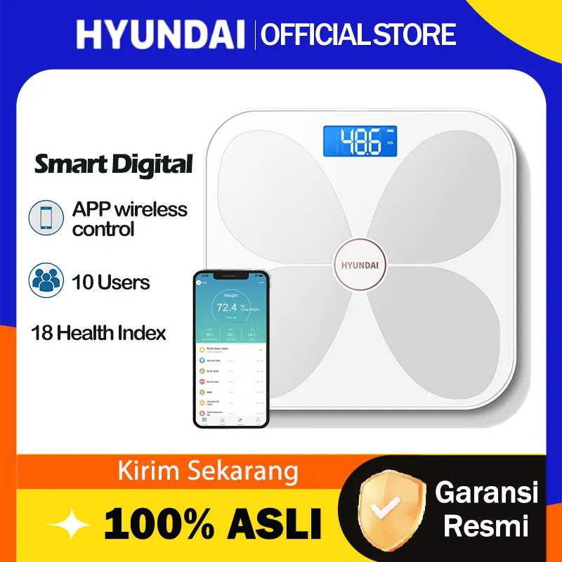 Hyundai Smart Digital Body Scale Timbangan Badan Digital Pengukur Kadar Lemak BMI Otot Smart Body Fat Scale USB Charging Kaca Anti Pecah baterai