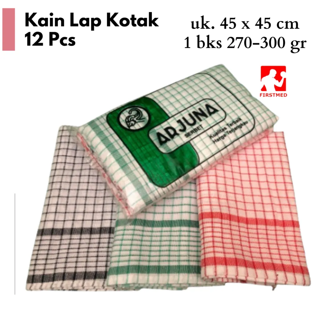 (12 Pcs) Kain Lap Kotak 1 Lusin ukuran 45x45 cm bahan katun Serbet Dapur Tangan Cap Arjuna Hijau