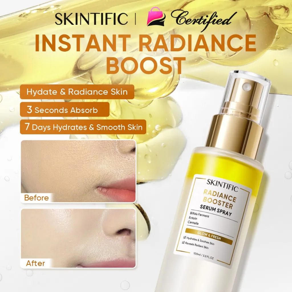 SKINTIFIC Instant Glowing First Serum Spray | Radiance Booster Hydrating Kulit Lebih Halus Lembab Dalam Multifungsi Skincare Pendukung Make Up