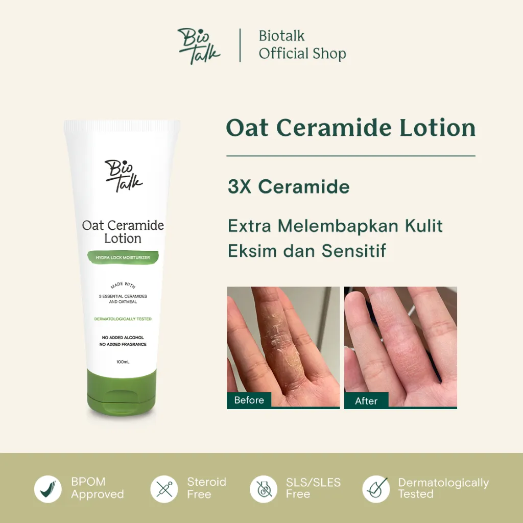 Biotalk Oat Ceramide Lotion | Hydralock Moisturizer for Eczema | No Fragrance Steroid Added Alcohol | Body Lotion untuk Tubuh dan Wajah Eksim Psoriasis