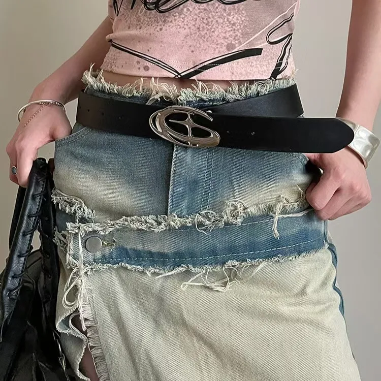 BGS - 509 Ikat Pinggang Retro Belt Jeans Unisex Desain Bintang Silang Tiga Dimensi Abstrak, Aksesori Modis Fashion Trendy 2025