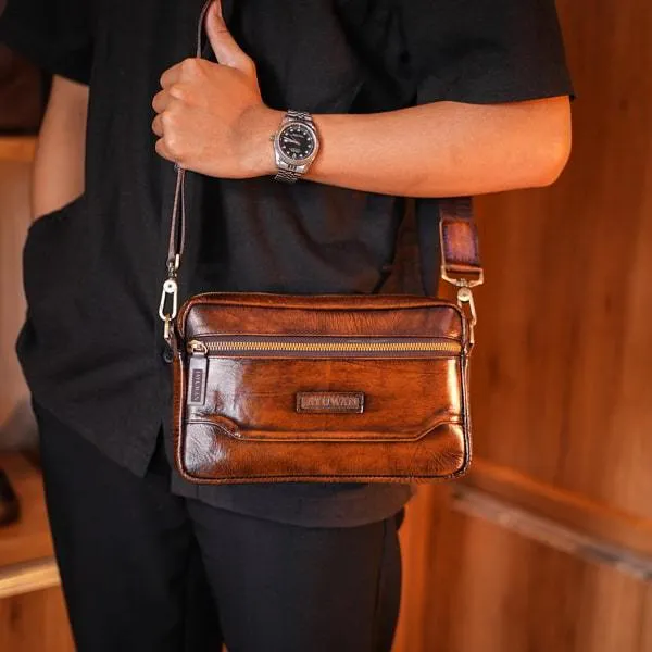 Jayuwan Cavaro Vintage – Terbaru Tas Pria Kulit Asli Multifungsi | Clutch, Handbag & Selempang Brush-Off Leather JCB