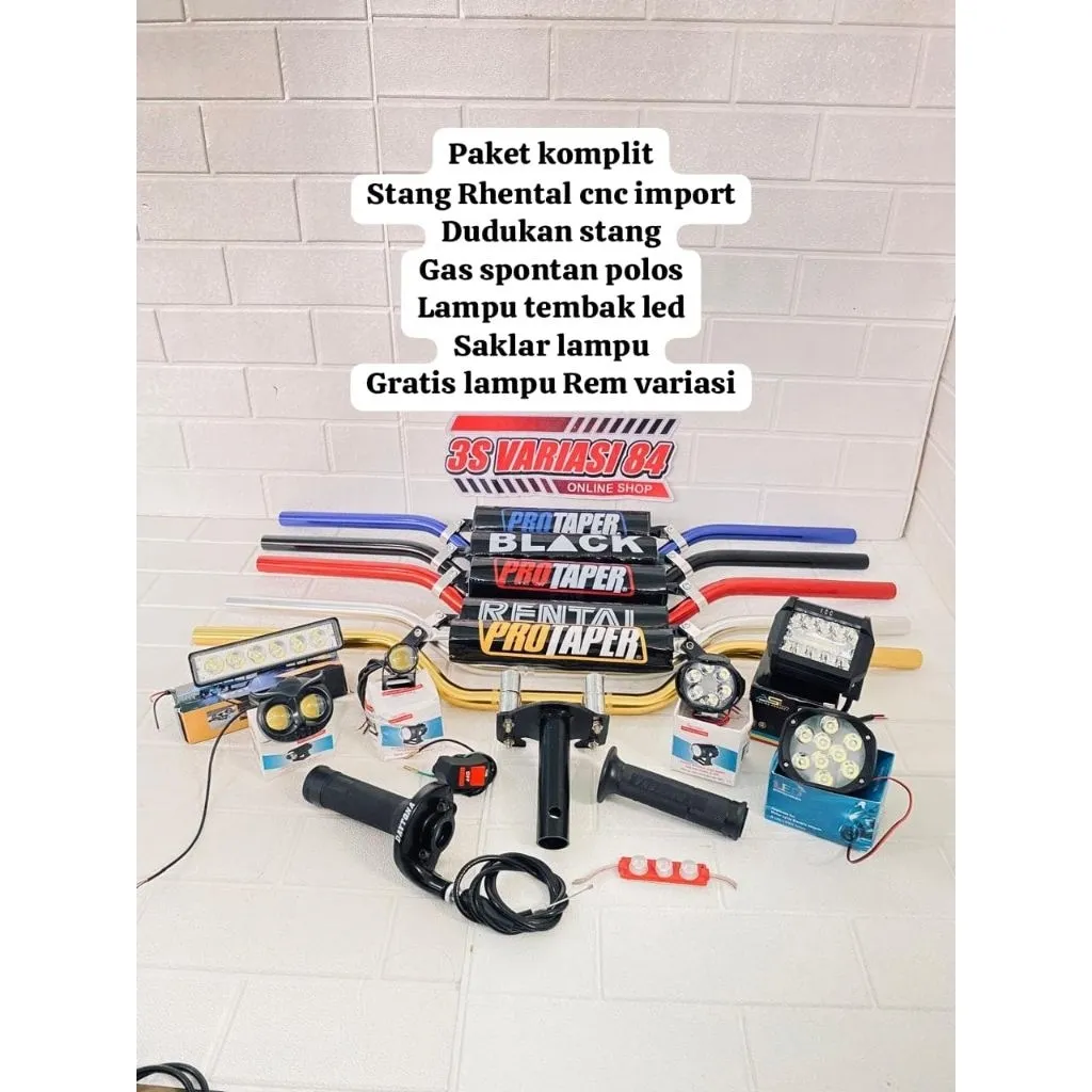 Paket komplit stang Rhental cnc import+dudukan/adaftor stang+gas spontan polos+lampu tembak led+saklar lampu=Gratis lampu Rem variasi