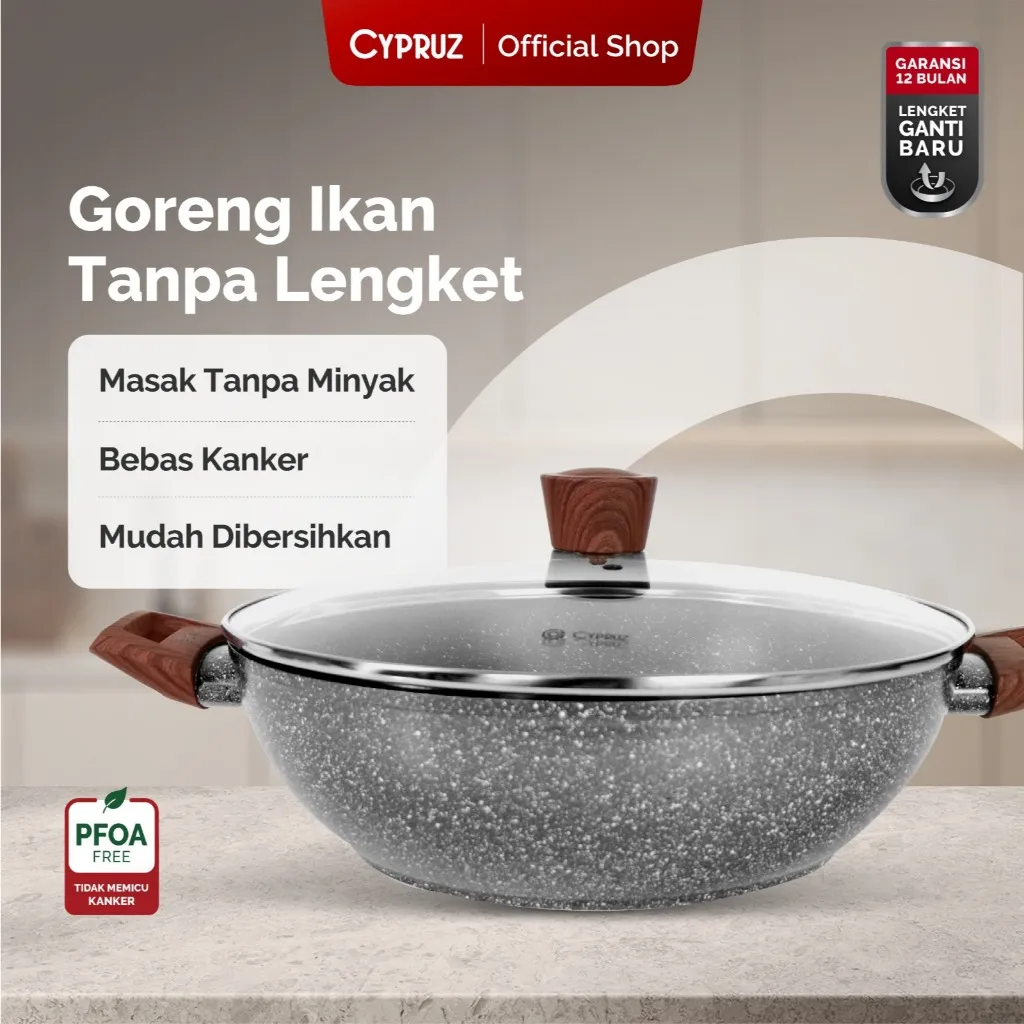 Cypruz Wajan Kuali Anti Lengket Grey Marble Wok Pan Dengan Tutup PFOA Free dan Mudah Dibersihkan