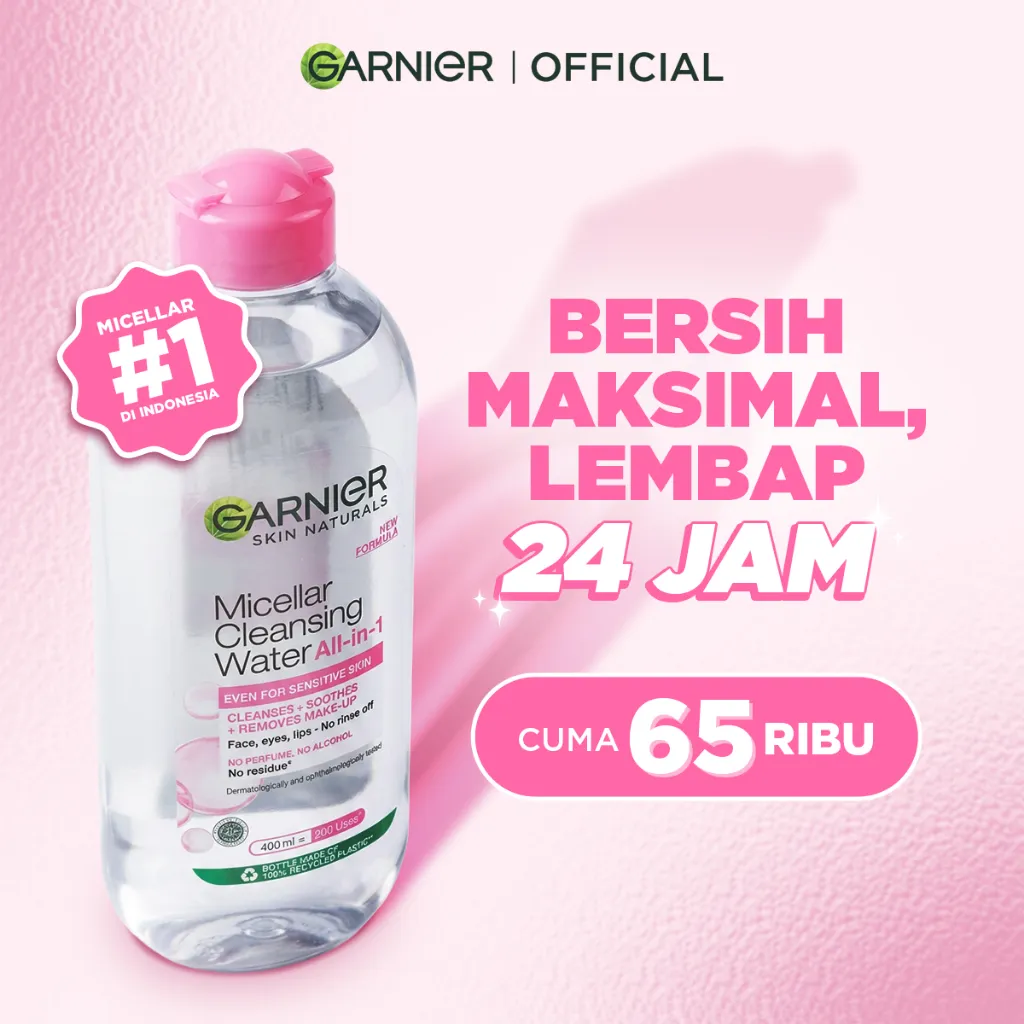 GARNIER Micellar Water Pink Skin Care 400ml Skincare Cleansing - Pembersih Wajah & Make up untuk Kulit Sensitif Micellar Cleansing Water