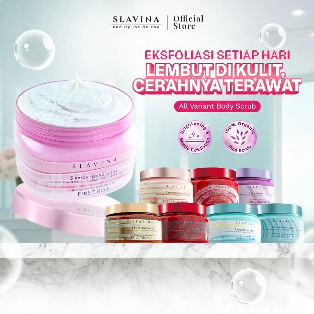 [All Variant] SLAVINA Body Scrub by Nagita Slavina – Lulur Badan Pemutih Mencerahkan 100% Organic Rice Scrub Whitening Exfoliating Brightening Body Care Lembutkan Kulit, Angkat Sel Kulit Mati, dan Bikin Kulit Glowing