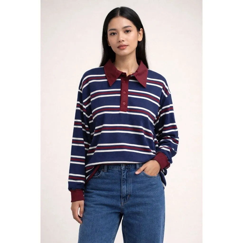 Lyona kaos Polo stripe Wanita Lengan Panjang
