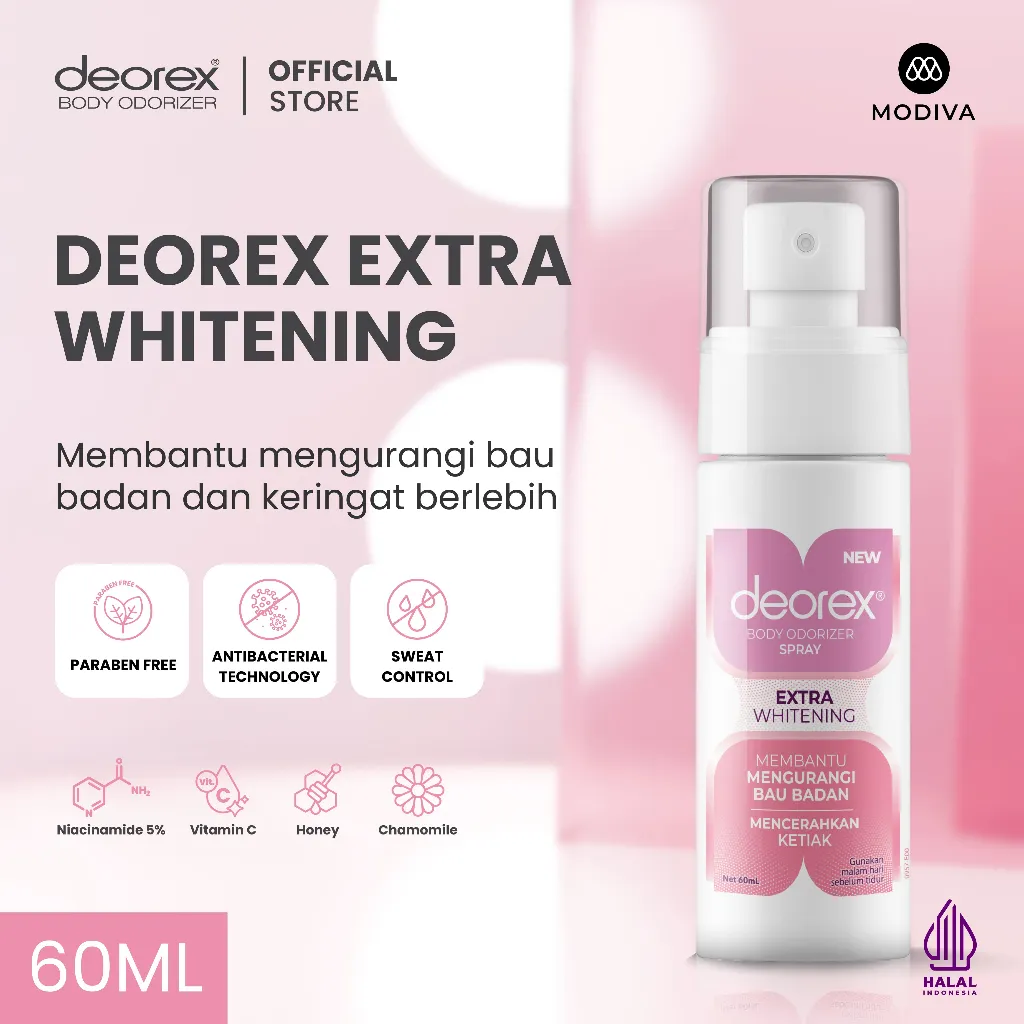 Deorex Body Odorizer Extra Whitening Spray 60ml Pengganti Deodorant Antiperspirant Brightening Solusi Bau Badan dan Keringat Berlebih