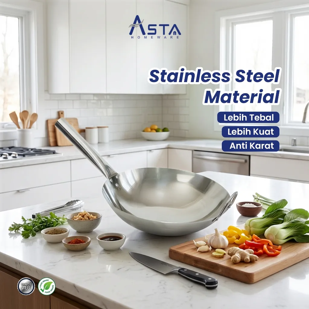 Wajan Stainless Steel - Chef Wok Penggorengan - Tebal Gagang Satu | Asta Homeware