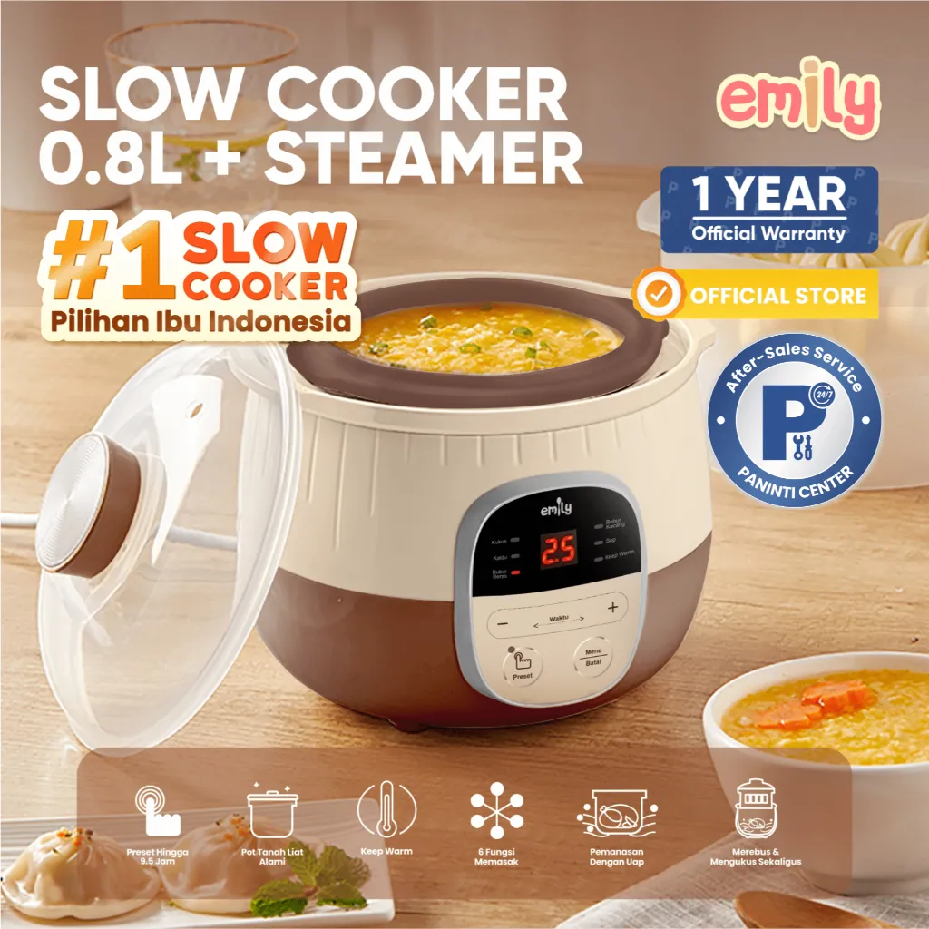 EMILY Slow Cooker + Steamer 0.8L Clay Pot | Panci Tanah Liat | MPASI Cooker | Panci MPASI