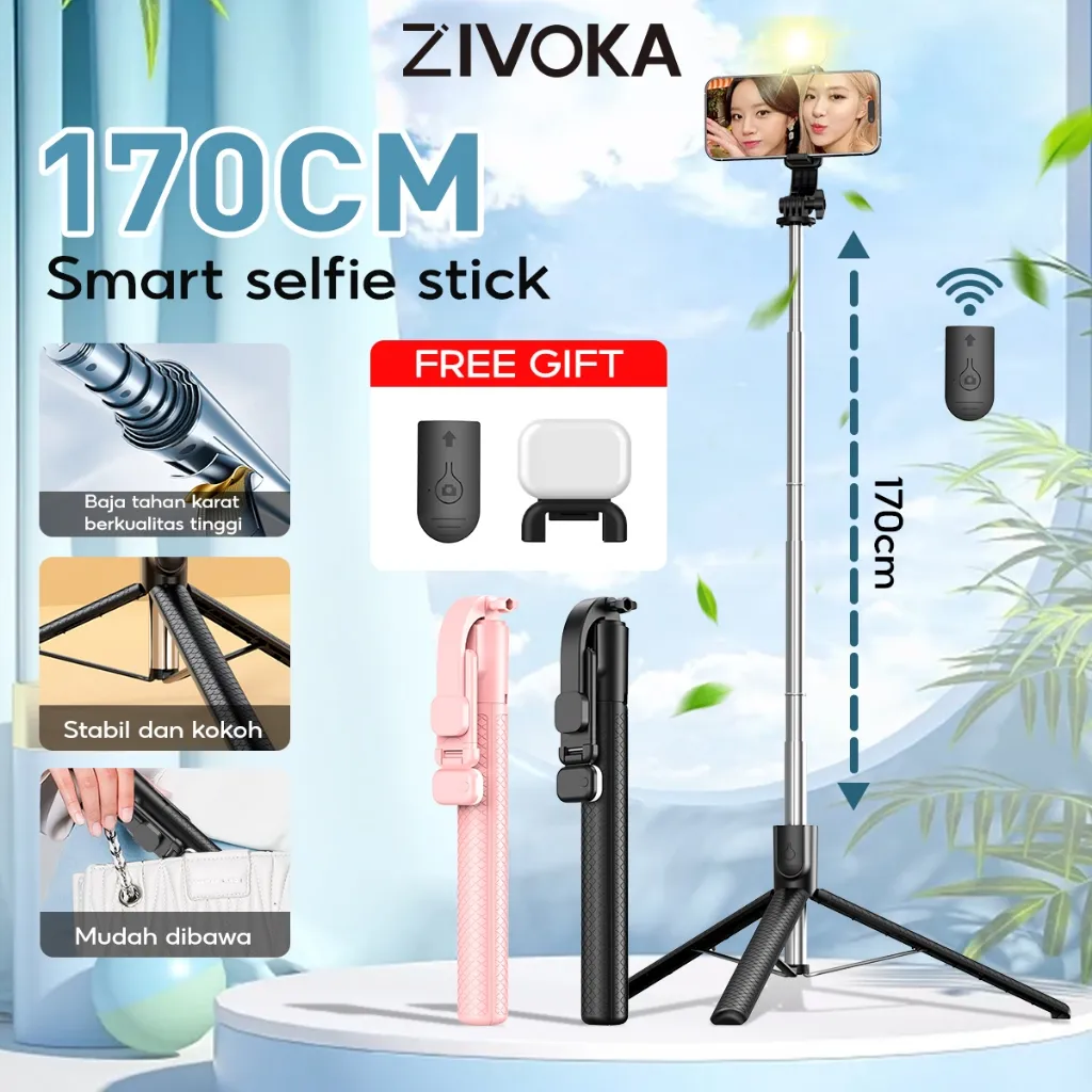 (Gratis 100%Asli Lampu Pengisi) ZIVOKA Tripod Tinggi 1700mm, Rotasi 360°, Tripod yang Dapat Disesuaikan, Tongsis, Remote Control Bluetooth dengan Lampu LED - ZT01