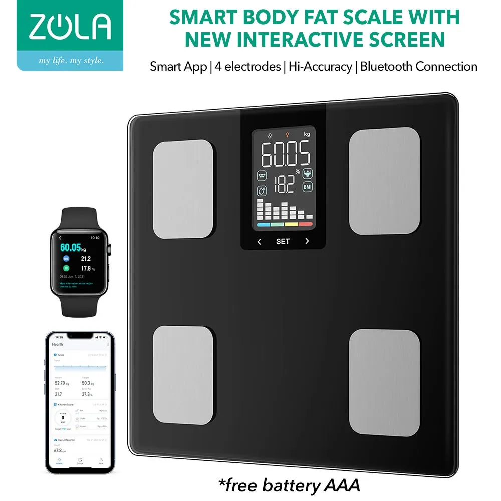 Timbangan Badan Digital Pintar Zola Smart BMI Scale 15 in 1 Analisis Komposisi Tubuh Lemak Otot Tulang Air dengan App Fitdays Layar Warna Mode Bayi/Athlete/ Hamil Kapasitas 180kg