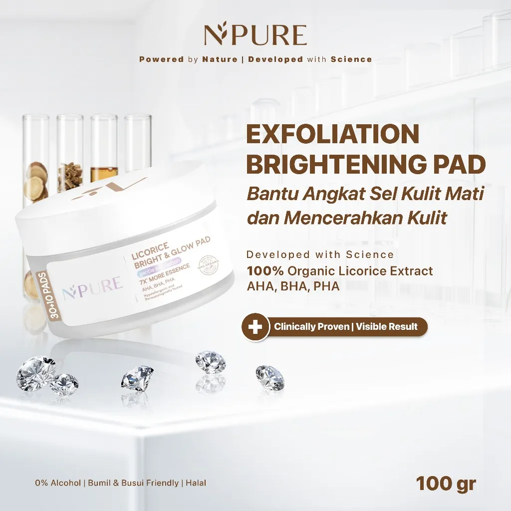 NPURE Glowing Gentle Exfoliation Licorice Pad 40 pcs / Niacinamide /Kapas Eksfoliasi / Kulit Kusam / Komedo / Kulit halus / Blackheads / Exfoliating / Anti komedo / No Alcohol Fragrance /Hypoallergenic / Dermatologically / Aman Bumil Busui / HALAL