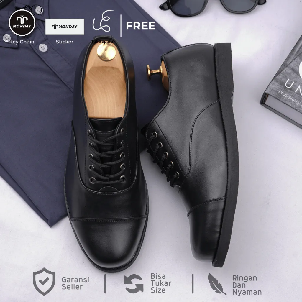 Monday Official  - Oxford Full Black - Sepatu Oxford Kulit Pantofel Pria Sepatu Kerja Wisuda Kantor
