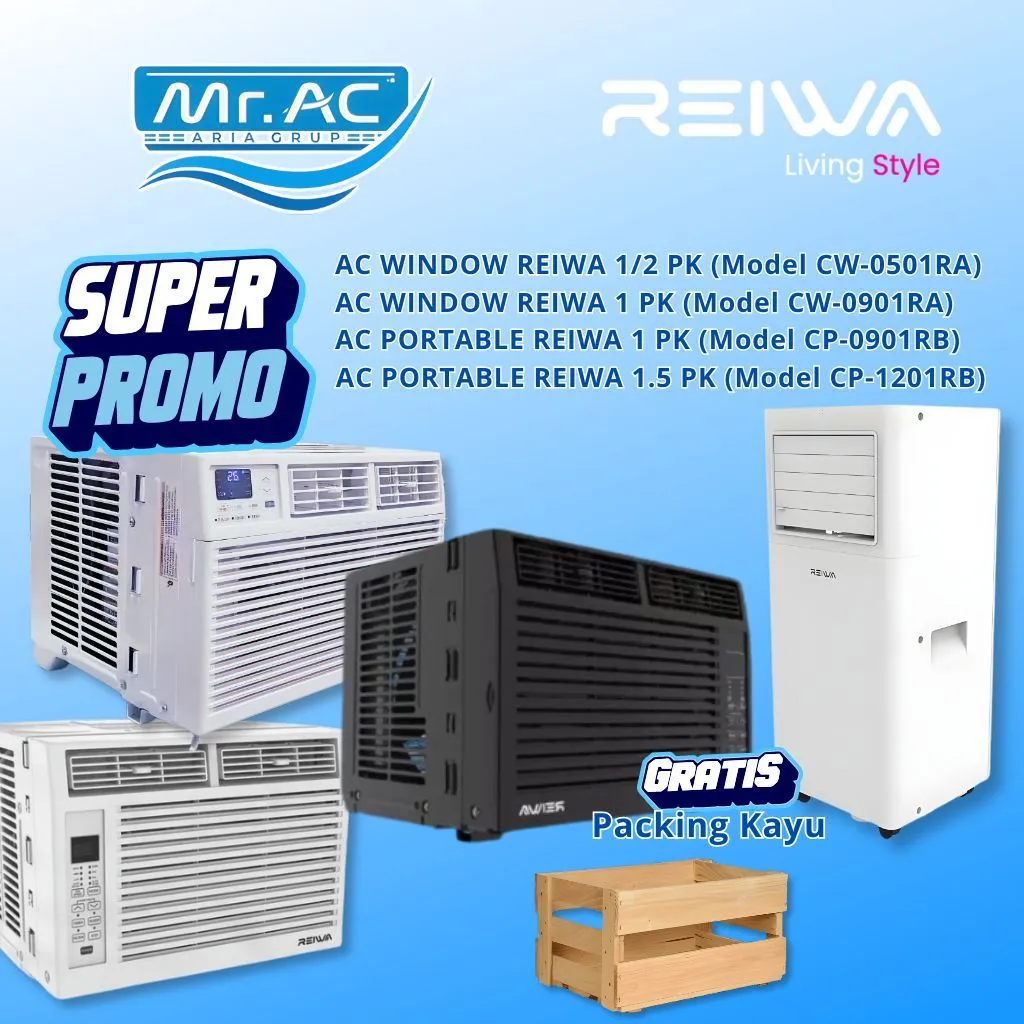 AC PROMO AC REIWA WINDOW & PORTABLE 1/2PK | 1PK | 1.5PK TANPA PIPA | R32 - FREE PACKING KAYU