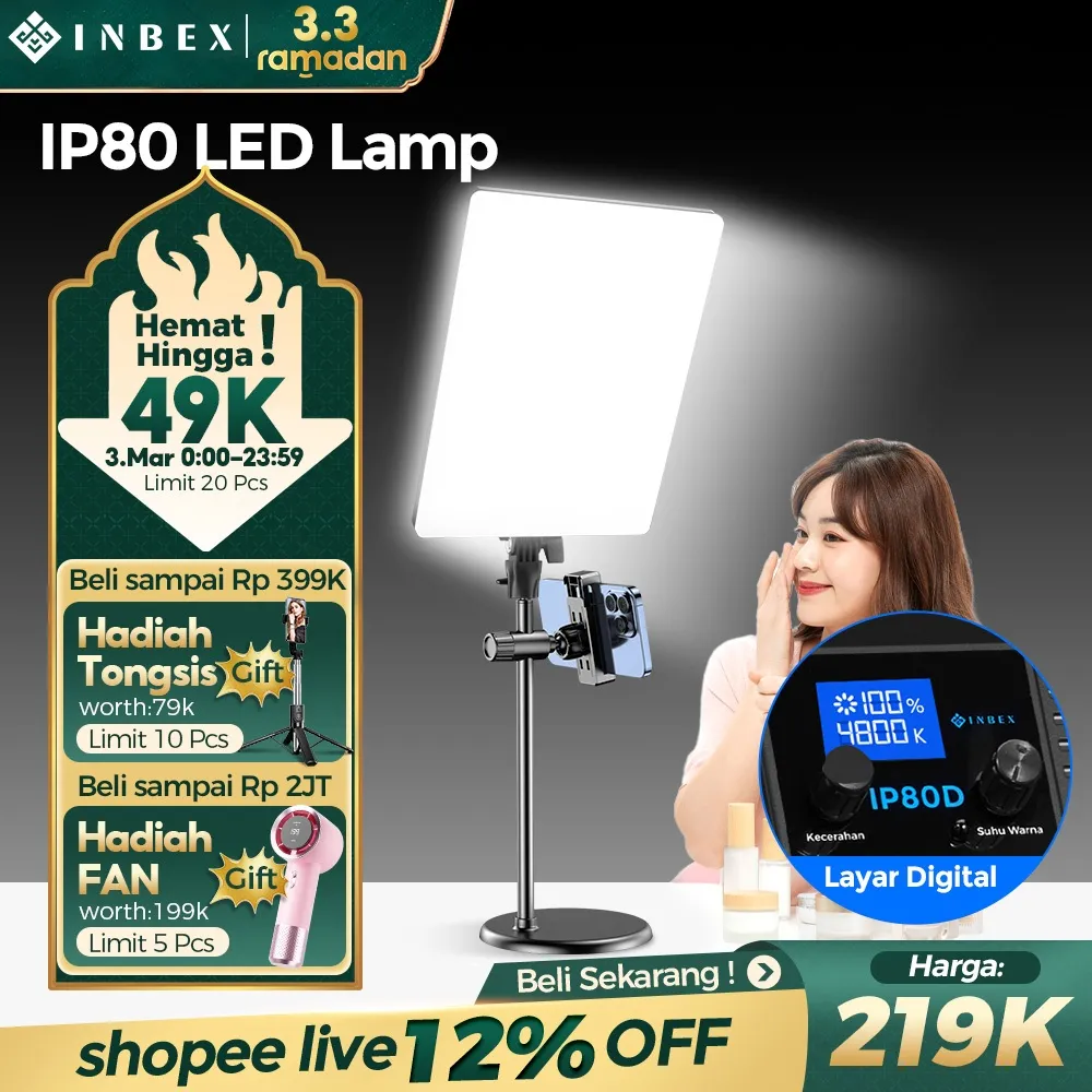 [20%OFF-Layar Digita] INBEX IP80 80W Lampu Panel Studio Lighting Live Streaming Langsung / Video / Konten / Pencahayaan Studio Profesion Layar Digital