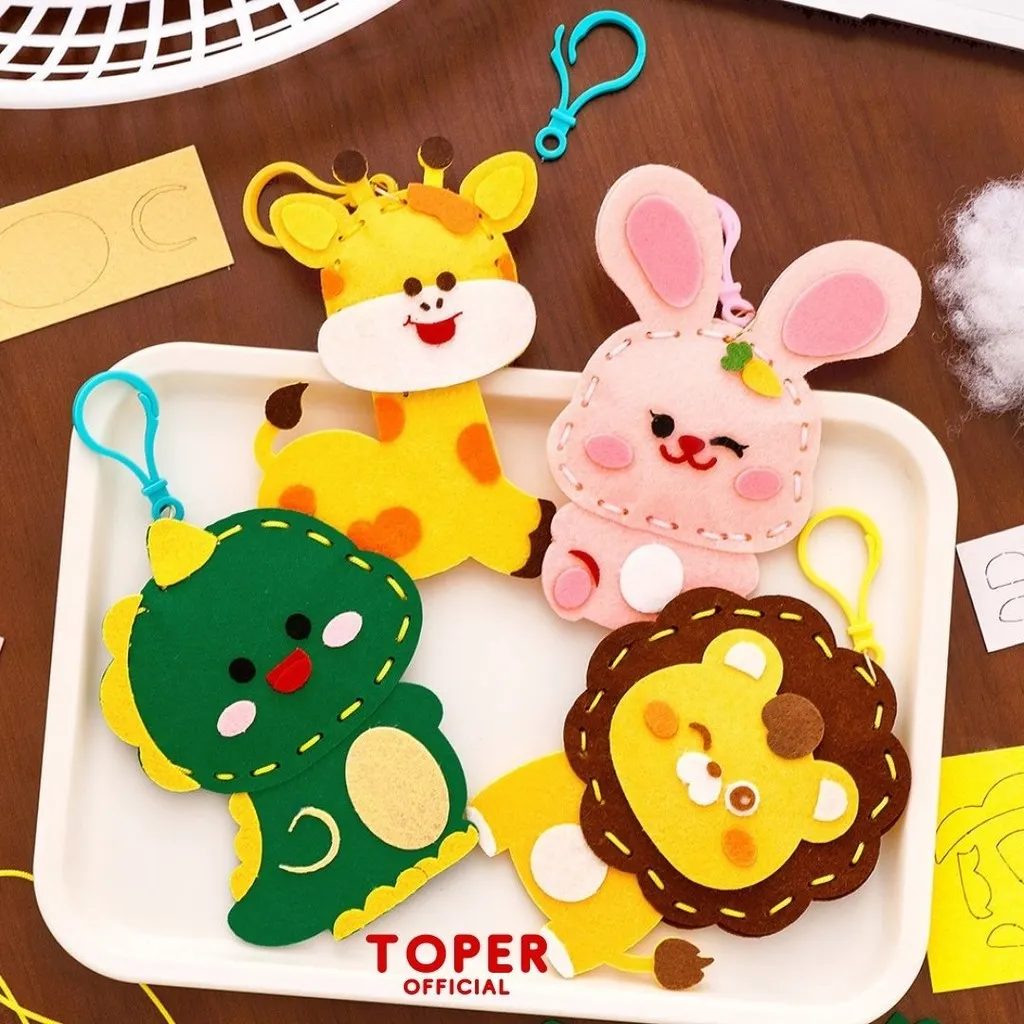 TOPER DIY Membuat Gantungan Kunci Tas Ganci Keychain Art Handmade Kain Flanel Prakarya Anak Art Mainan Edukasi Menjahit Motif Hewan Character Animal Lucu Aesthetic
