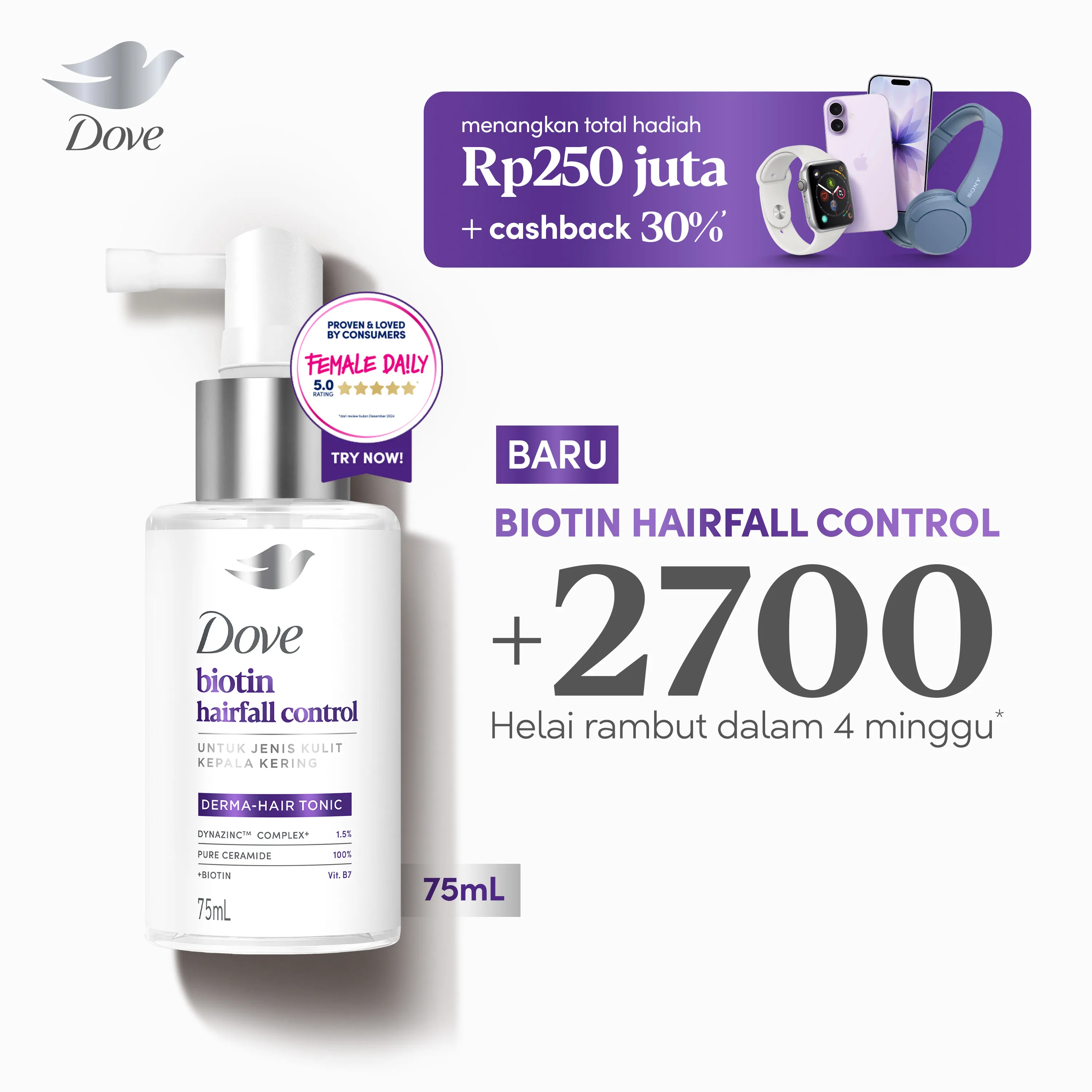 Dove Hair Tonic Biotin Hairfall Control 75mL | Tonic Perawatan Rambut Rontok Untuk Jenis Kulit kepala Kering dan Sehat | Tonic Hair Booster