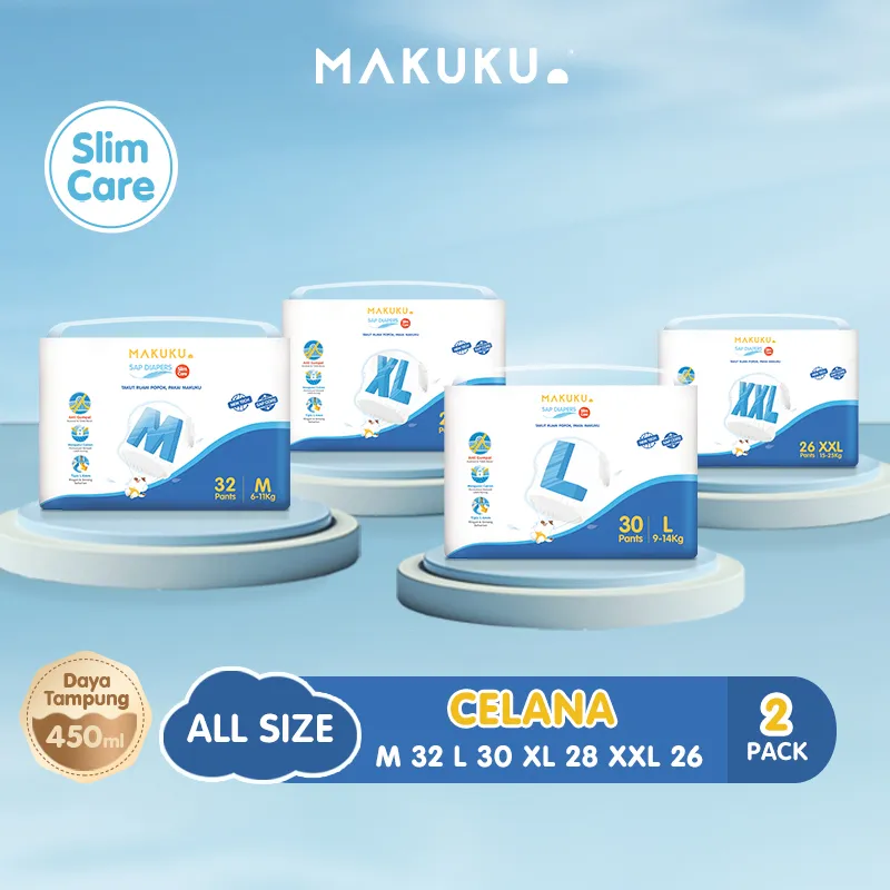[2 Pack] MAKUKU SAP Diapers Slim Care Pants M/L/XL/XXL & Slim Care Skin Joy M32 / L30 / XL28 / XXL26  Popok Tipis Anti Gumpal Mengunci Cairan