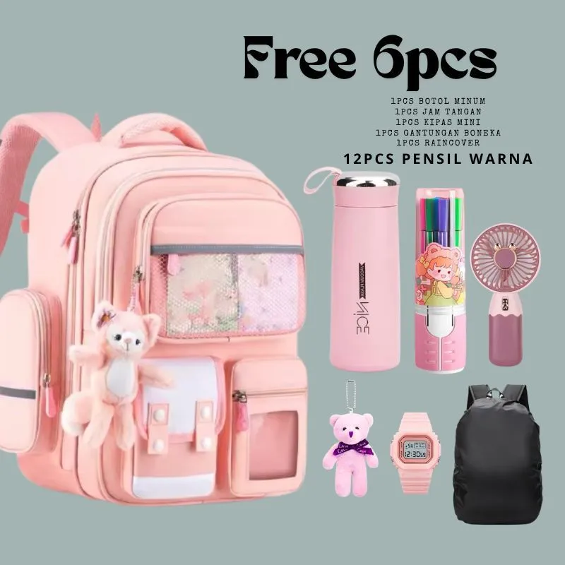 FREE 6pcs Ransel Siswa Anak SD SMP,Tas Sekolah Anak Laki Laki Ransel Anak Perempuan Tas Sekolah Anti Air Ransel Sekolah banyak Bonus