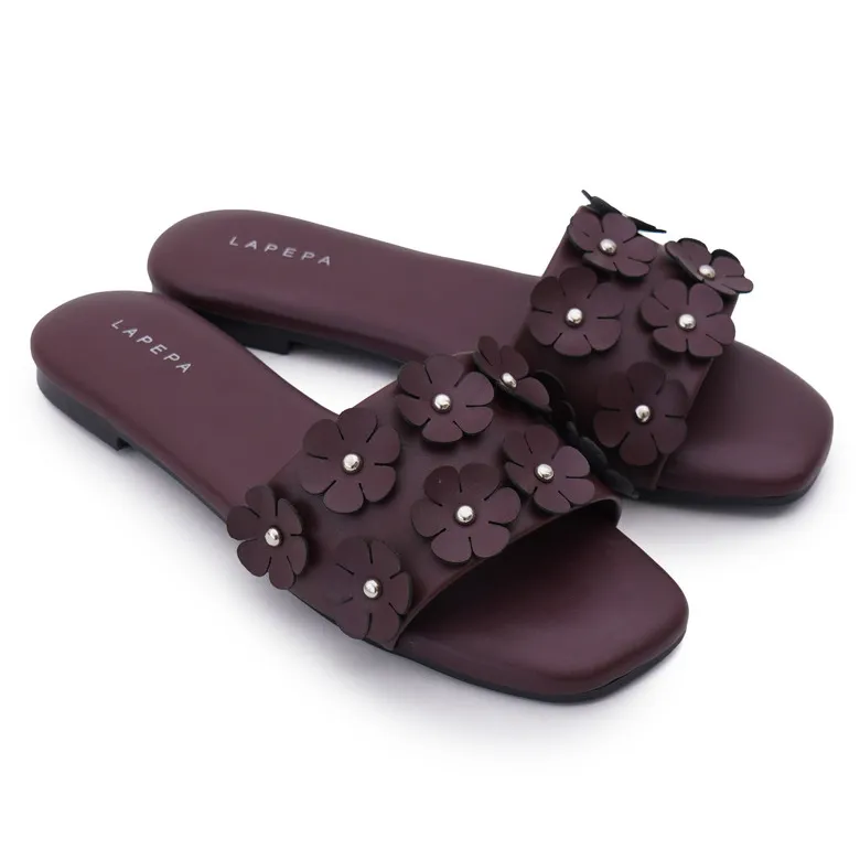 LAPEPA YUK - ROSIE Sandal Wanita Teplek Motif Bunga Casual Premium Size 36 - 41 Sendal Selop Lucu Empuk Flat Cewek Kasual Rumahan Warna Hitam Black Burgundy Slop Korea 37 38 39 40 Perempuan Kekinian Terbaru Shoes ORI Original Mall Official Store
