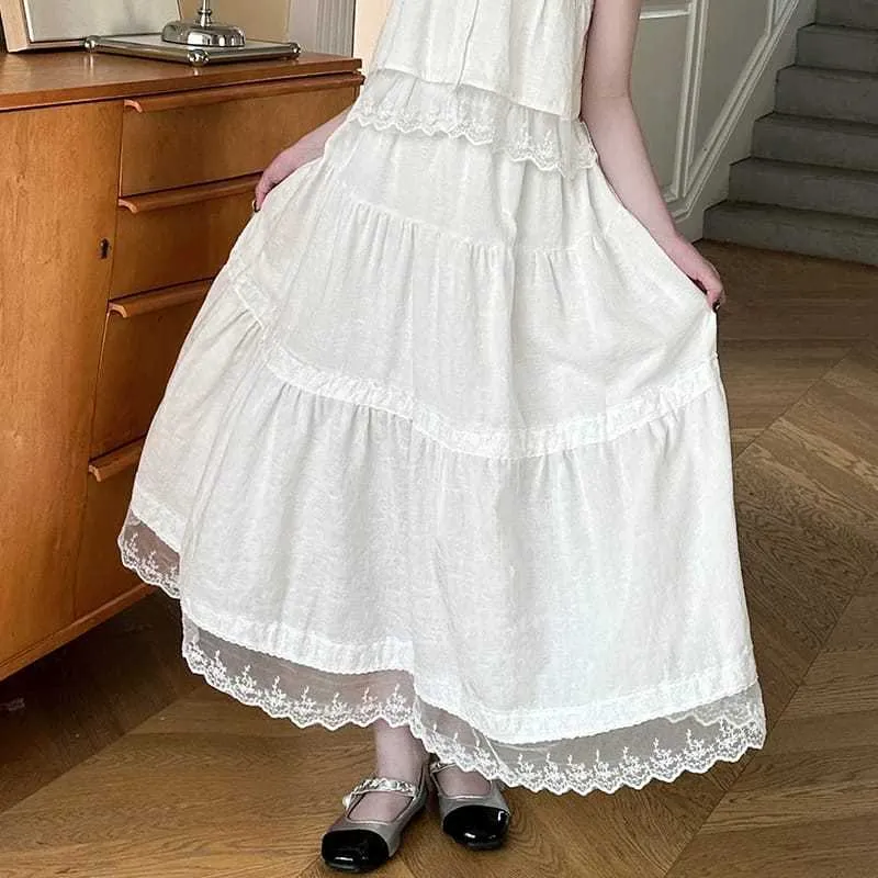 ChuRan Rok Panjang Renda Putih Anak Perempuan 2025 A-Line Untuk Usia 3-14thn