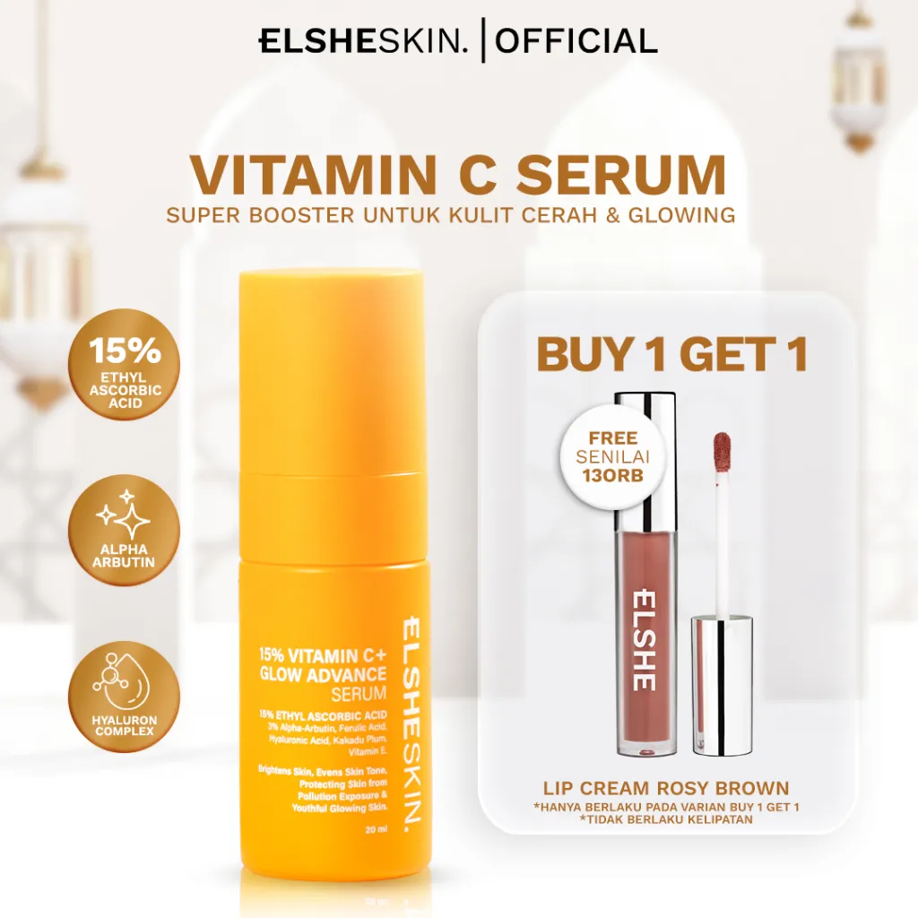 Elsheskin 15% Vitamin C+ Glow Advance Serum 20ml - Brightening Skincare, Serum Wajah Tampak Lebih Cerah dan Glowing, Mencerahkan Kulit Kusam, Memudarkan Dark Spots, Melindungi Kulit dari Polusi, Membantu Mencegah Penuaan Dini