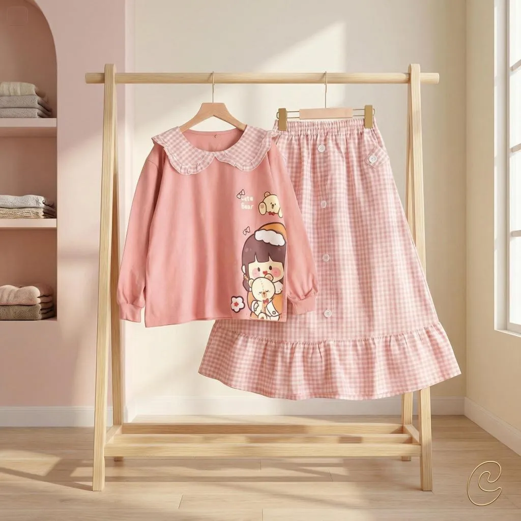 Setelan Anak Perempuan Cute Bear | Baju Anak Motif Kotak Premium | Set Rok & Atasan Usia 3-10 Tahun