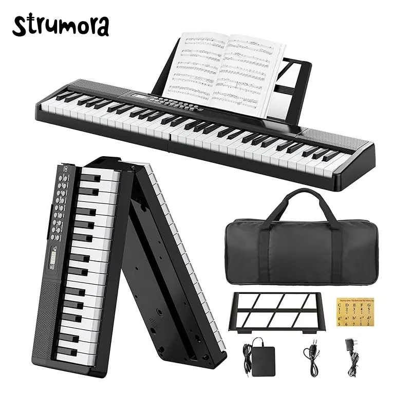 STRUMORA Electronic Piano Keyboard,Bluetooth Foldable 61 Key Semi-Weighted Digital Pianos with Power Adapter,Pedal,Sheet Music Stand,Sticker,Bag,Gift for Beginners