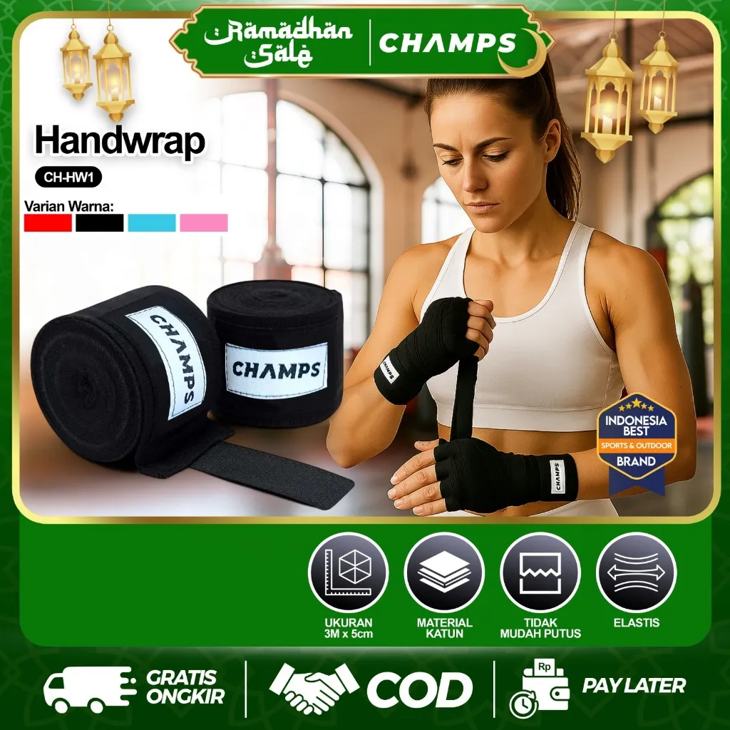 CHAMPS Hand Wrap Tinju Elastis Boxing Elastis – Pelindung Tangan untuk Muay Thai & MMA