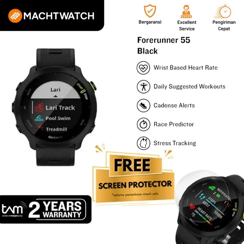 Jam Tangan Unisex Garmin Forerunner 55 010-02562-5A / 010-02562-50 Smartwatch Digital Dial Black Rubber Strap