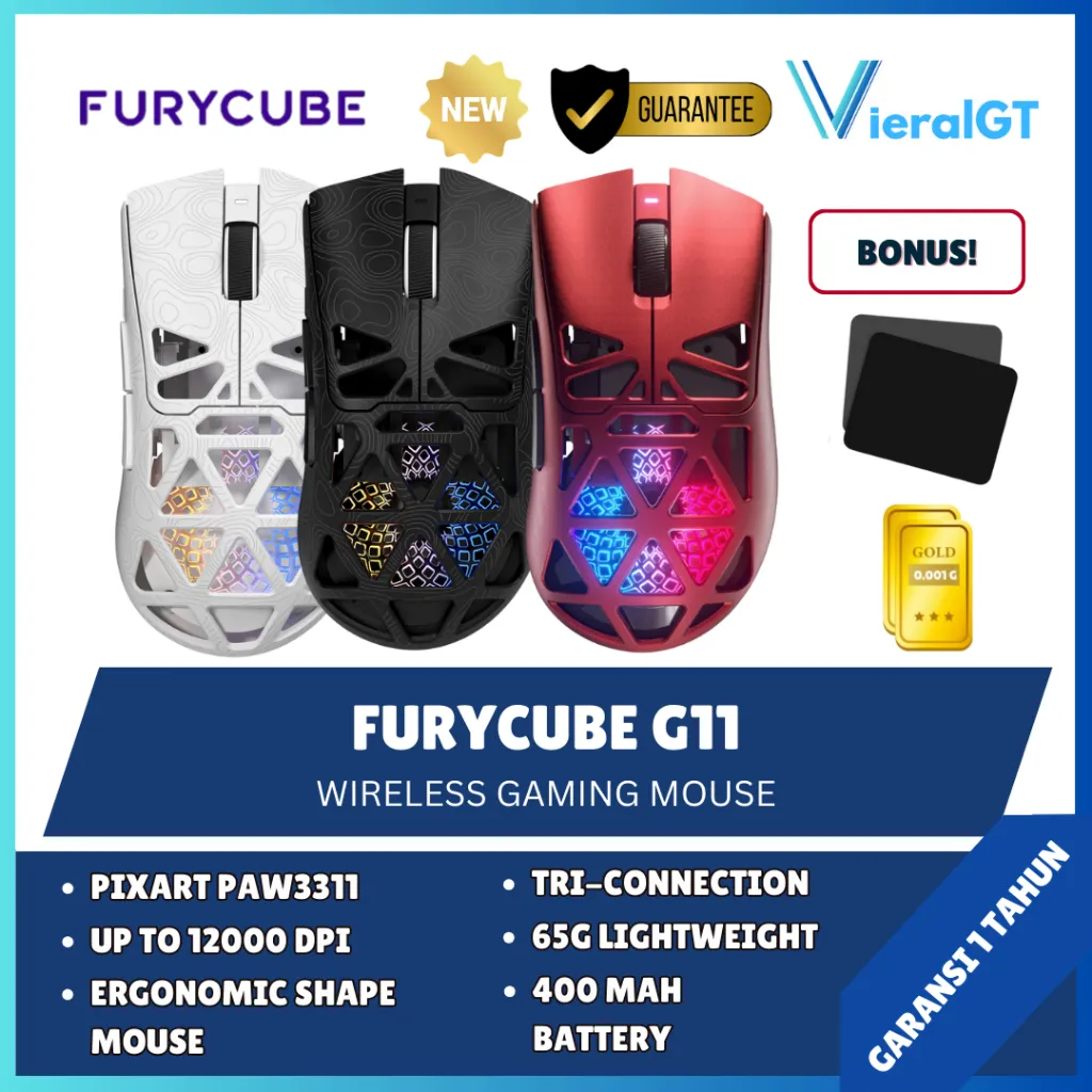 Furycube G11 / G-11 Wireless Mouse Gaming Ergonomic Lightweight 65G PAW3311
