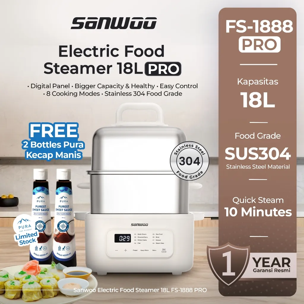 Sanwoo Electric Food Steamer PRO 18 Liter / Food Steamer Stainless / Pengukus Makanan / Kukusan Stainless
