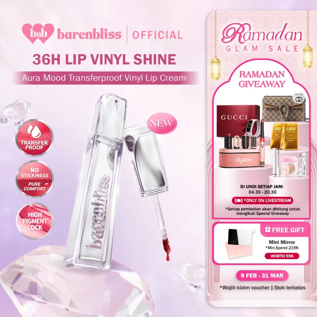 [NEW LAUNCH] BNB Barenbliss Aura Mood Transferproof Vinyl Lip Cream 2.5 ml Tahan Lama 36 Jam Deep Moisture Lock Ringan Hi Pigmented Lip Vinyl Lip Tint Lipgloss 7X Gemstone Mineral Care Waterproof Tidak Lengket cocok Untuk Two tone Lips Lipstick