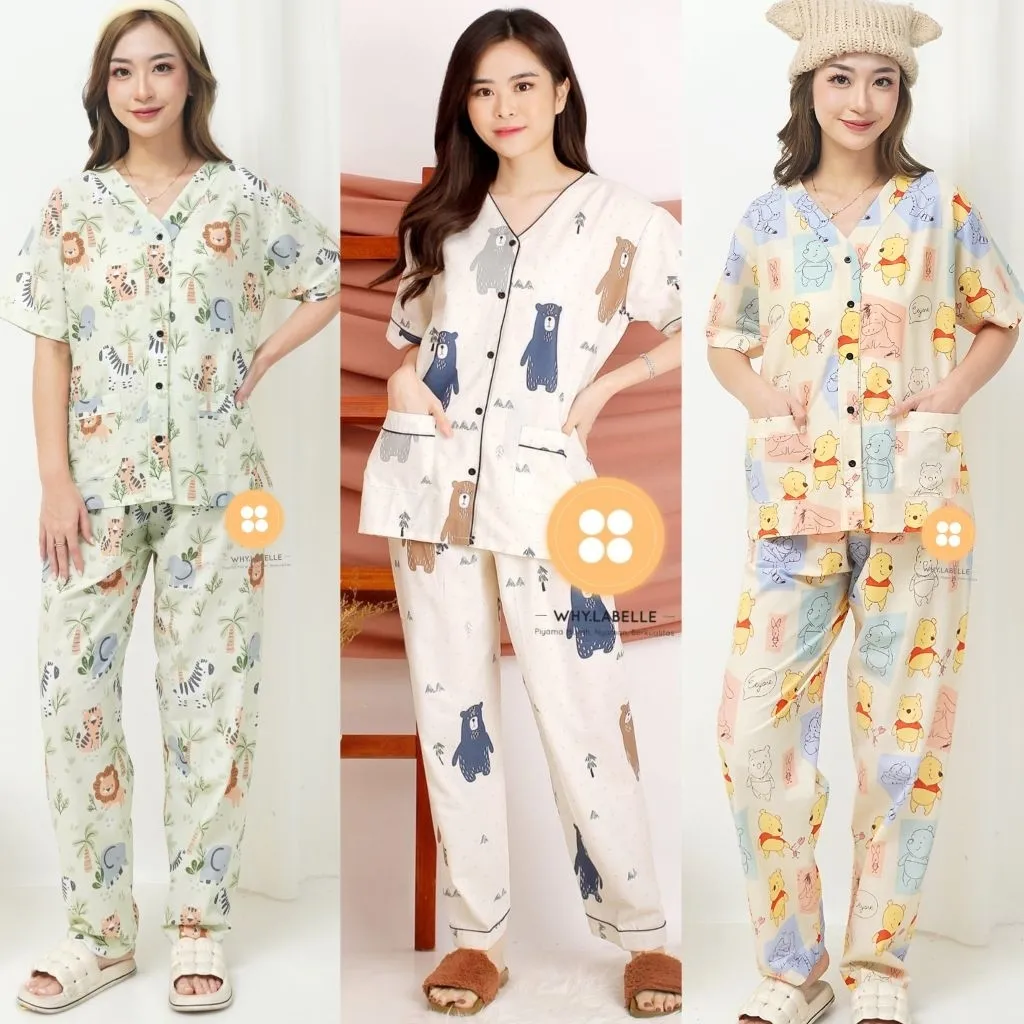 WHY.LABELLE setelan baju tidur piyama katun Jepang celana panjang