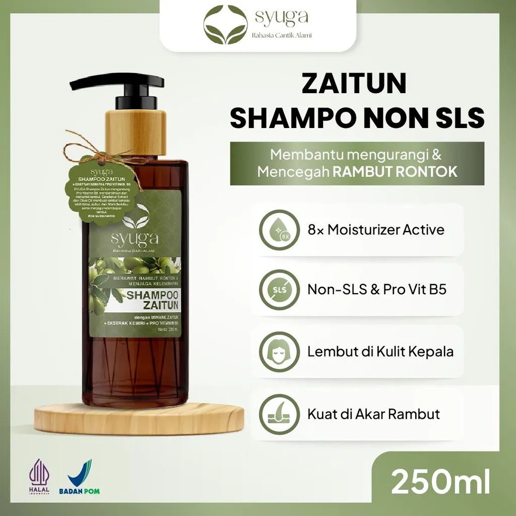 Syuga Shampoo Zaitun 250ml - Sampo Non-SLS dengan Pro Vit B5 untuk Mencegah Rambut Rontok, Iritasi karena Ketombe, Rambut Kering & Kusam, Cocok Kulit Kepala Sensitif